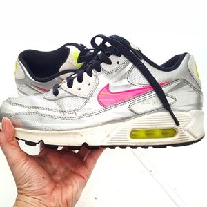 Nike Women’s Silver Sneakers with Pink Swoosh and Neon Yellow Accents